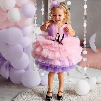 U prodaji Slatka roza kratke haljine za djevojčice s cvjetnim uzorkom Bez rukava Dječji večernje haljine dužine do koljena Dječje večernja odjeća multi-level suknja 2021