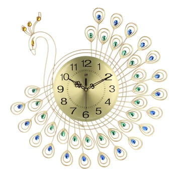 Velike 3D Zlatni Dijamant zidni sat s павлином Metalni Sat za kućne dekoracije Dnevnog boravka DIY Satovi Nakit 53x53cm