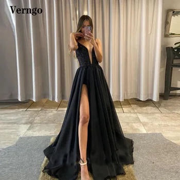 Verngo Moderne crne sjajne Duge haljine za maturalne s odvojivim vrh suknju Satin бретельки s otvorenim leđima Ženske večernje haljine s kratkim hlačama