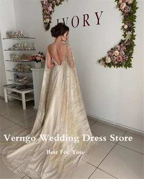 Verngo Šampanjac Vjenčanica trapeznog oblika s dugim rukavima-kape, transparentan izreza i otvorenim leđima, Seksi vjenčanica 2021, ženske haljine