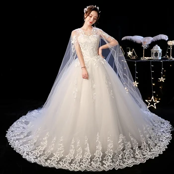 Vestidos De Novia 2021 Novu vjenčanicu sa dugim rukavima i okruglog izreza za žene, proizvedeno od čipke velike veličine, Sjajna vjenčanje ball haljina Princeze Zvijezda