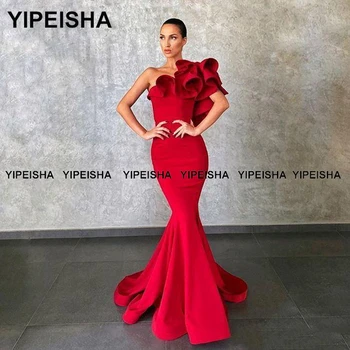 Yipeisha Crvene haljine za maturalne večeri s jednim krakom Sirena s ruffles Атласное duga večernja haljina Večernja haljina za svečane prigode Robe de Soiree