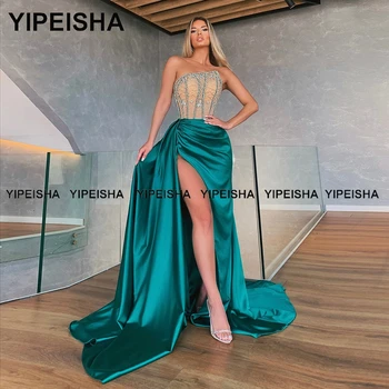 Yipeisha Luksuznih kristala Sirena večernja haljina bez naramenica s visokim prorezom Haljinu za prom Dužine do poda Атласное večernja haljina Formalni ogrtač de Bal