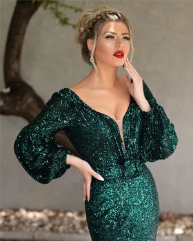 Zelene elegantne večernje haljine Sirena 2021 sa šljokicama Ogrtač De Soiree Za žene Večernje haljine za maturalne s dugim rukavima Večernje haljine