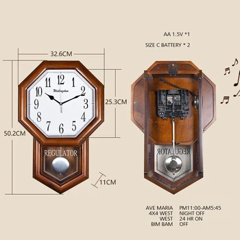 Zidni sat s vremenskom перезвоном, kvalitetan drveni kabinet, Osmerokutni s spuštenog маятником na baterije, moderan dom dekor, uredski dekorativni satovi