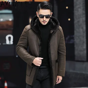 Zimska jakna od krzna AYUNSUE Za muškarce sa kapuljačom od prirodne kože Jaknu od janjeće kože, Toplo debelo muški kaput Jaqueta Masculina Gmm356