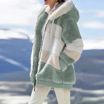 Zimska jakna zip Kaput Ženska moda Негабаритная linija Checkered kaput od umjetnog krzna u patchwork stilu s kapuljačom Ženska odjeća kaputi Plus Size