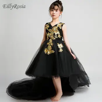 Zlatna aplicirano Crne haljine za djevojčice s cvjetnim uzorkom za svadbene zurke Dugi vlak Tila Lijepe Visoke niske haljine za djevojčice za zabave za djecu