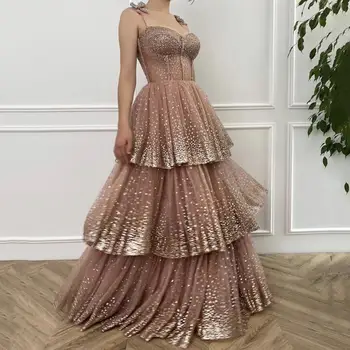 Zlatna Slojevi sa šljokicama Tila je Nevjerojatan haljinu za prom 2020 Novu haljinu dužine do poda na trake Večernje haljine vestido de fiesta largo