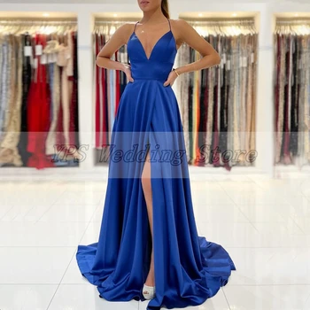 Čarobno plavo атласное večernja haljina s V-izrez 2021 Seksi haljina na trake bez rukava s bočnim prorezom i vlak za prom