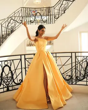 Žute haljine bez naramenica Trapeznog oblika Атласное haljina s visokim prorezom sa strane za maturalne Haljine po Mjeri Vestidos De Fiesta haljina