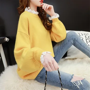 Žuto-bijele pletene džemper, pulover Za žene Besplatan studentski kardigan Dame Korejski Lažni Dva O-izrez s dugim rukavima, Pletenje i ženske Majice