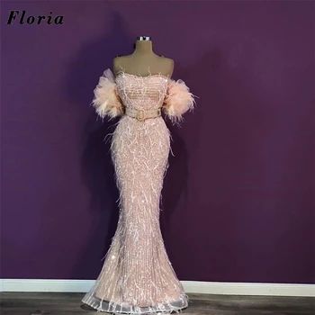 Флория Ružičaste haljine ručno beaded Turski perje Duge haljine za maturalne Donje haljina slavnih Haljina Dubai Vestidos Ogrtač